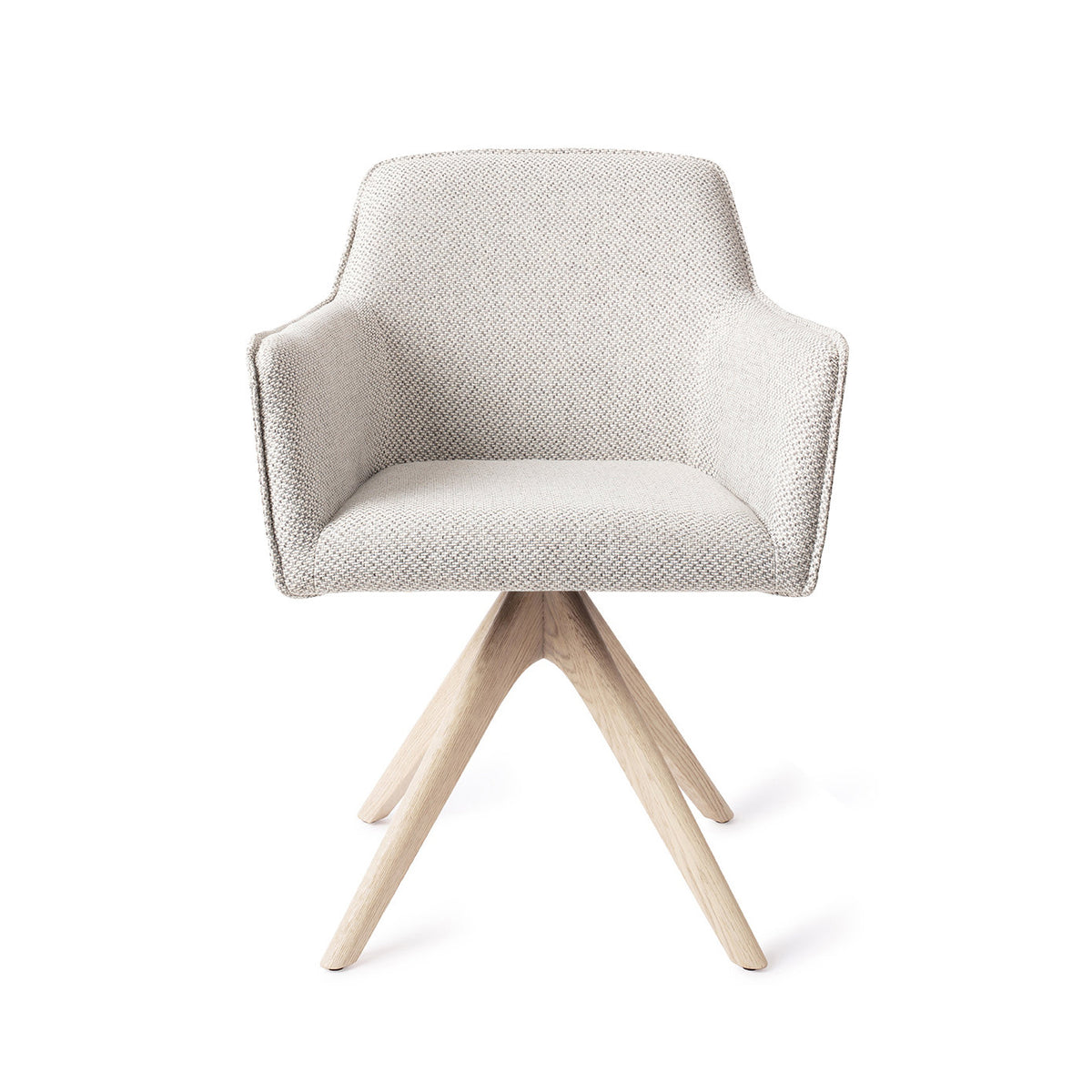 Chaise de salle à manger Hofu blanc cassé à motif sur piètement pivotant chêne blanchi vue de face accoudoirs droits et passepoil