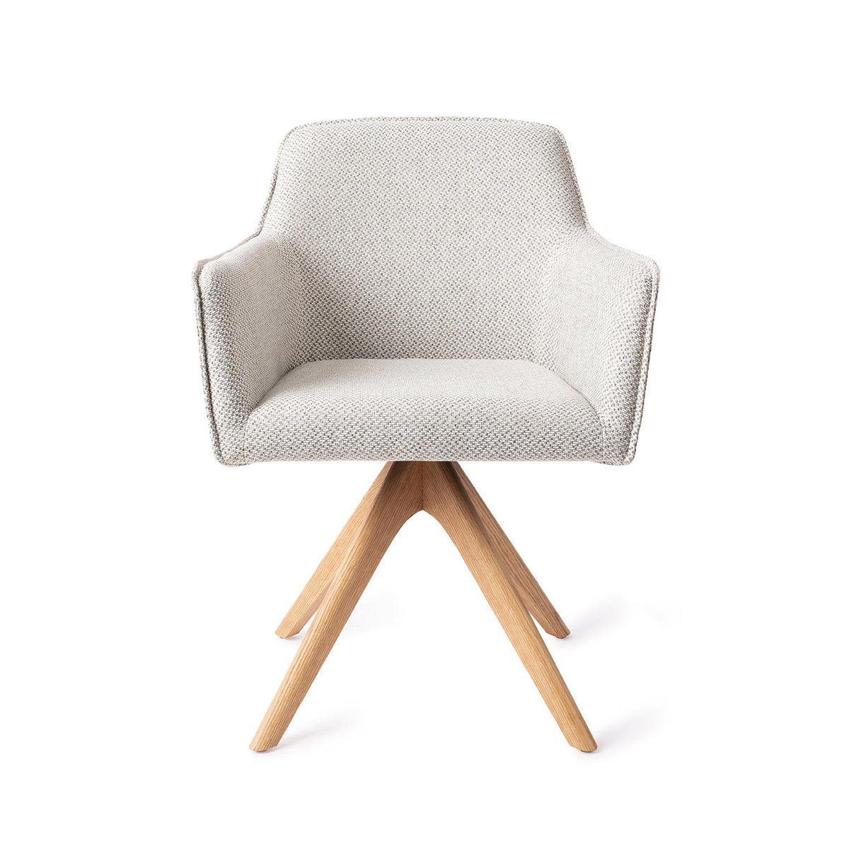 Chaise de salle à manger Hofu blanc cassé à motif sur piètement pivotant chêne naturel vue de face accoudoirs droits et passepoil