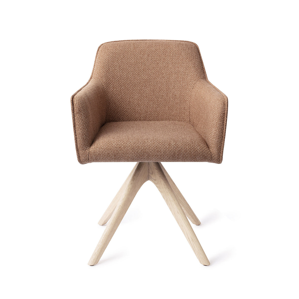 Chaise de salle à manger Hofu caramel sur piètement pivotant chêne blanchi vue de face accoudoirs droits et passepoil