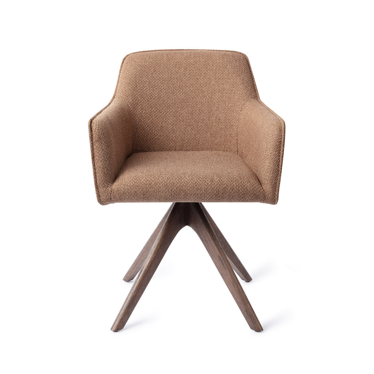 Chaise de salle à manger Hofu caramel sur piètement pivotant chêne teinté noyer vue de face accoudoirs droits et passepoil