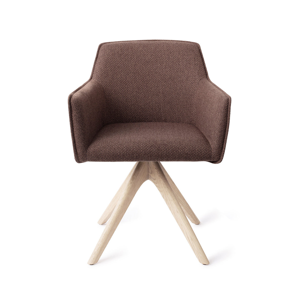 Chaise de salle à manger Hofu chocolat sur piètement pivotant chêne blanchi vue de face accoudoirs droits et passepoil