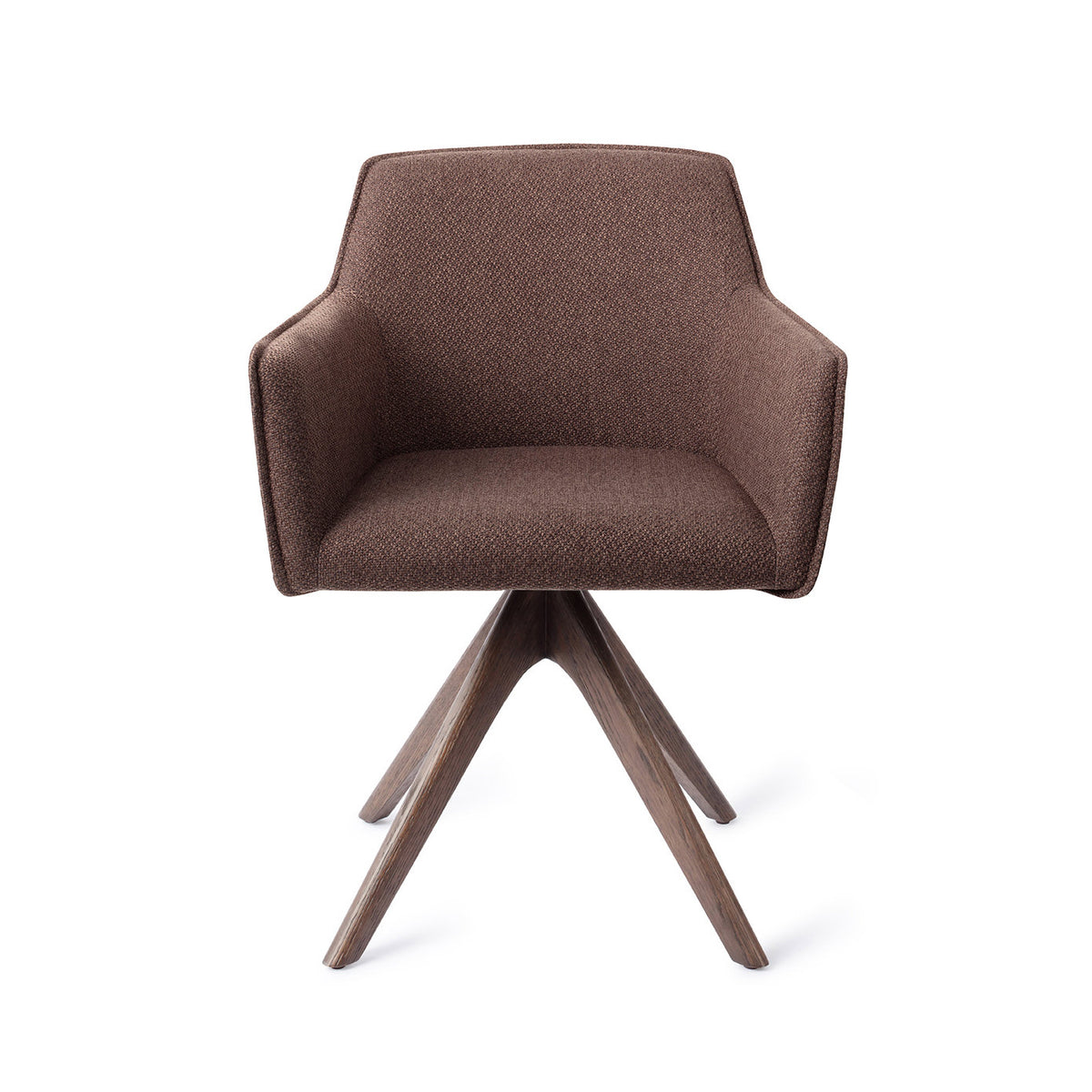 Chaise de salle à manger Hofu chocolat sur piètement pivotant chêne teinté noyer vue de face accoudoirs droits et passepoil