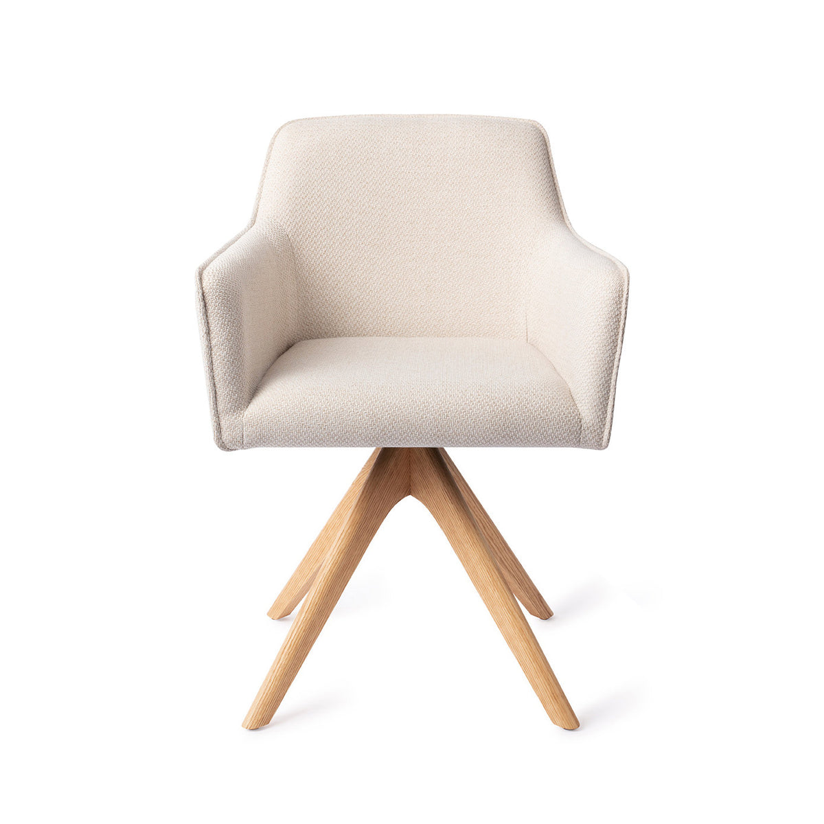 Chaise de salle à manger Hofu écru sur piètement pivotant chêne naturel vue de face accoudoirs droits et passepoil