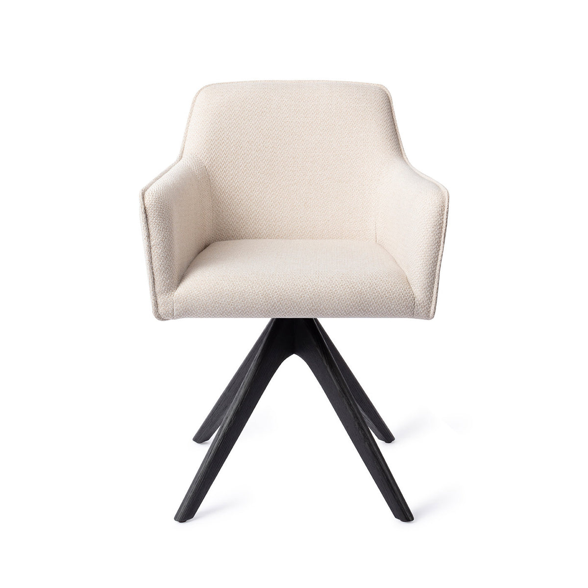 Chaise de salle à manger Hofu écru sur piètement pivotant chêne noir vue de face accoudoirs droits et passepoil