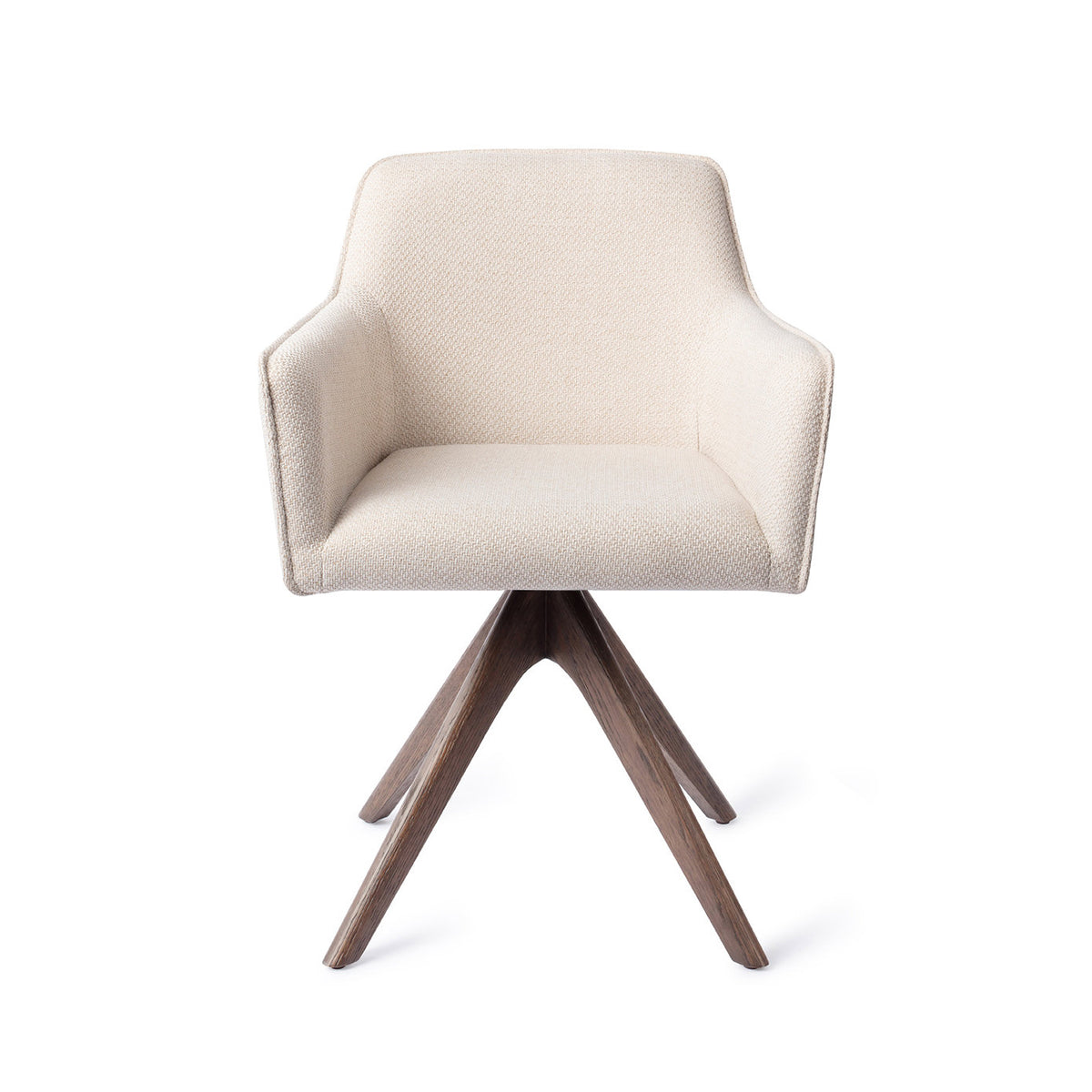 Chaise de salle à manger Hofu écru sur piètement pivotant chêne teinté noyer vue de face accoudoirs droits et passepoil