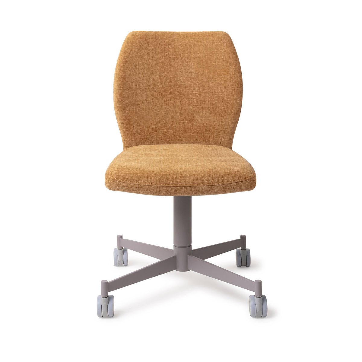 Chaise Ikata ocre sur piètement à roulettes gris vue de face dossier galbé et assise rembourrée