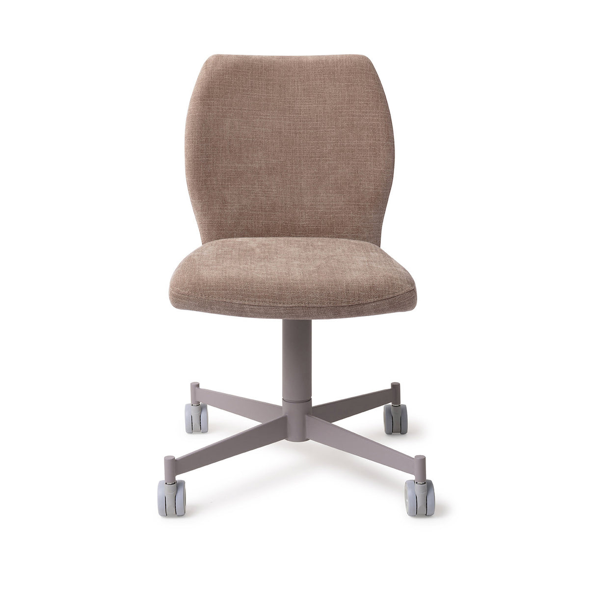 Chaise Ikata taupe sur piètement à roulettes gris vue de face dossier galbé et assise rembourrée