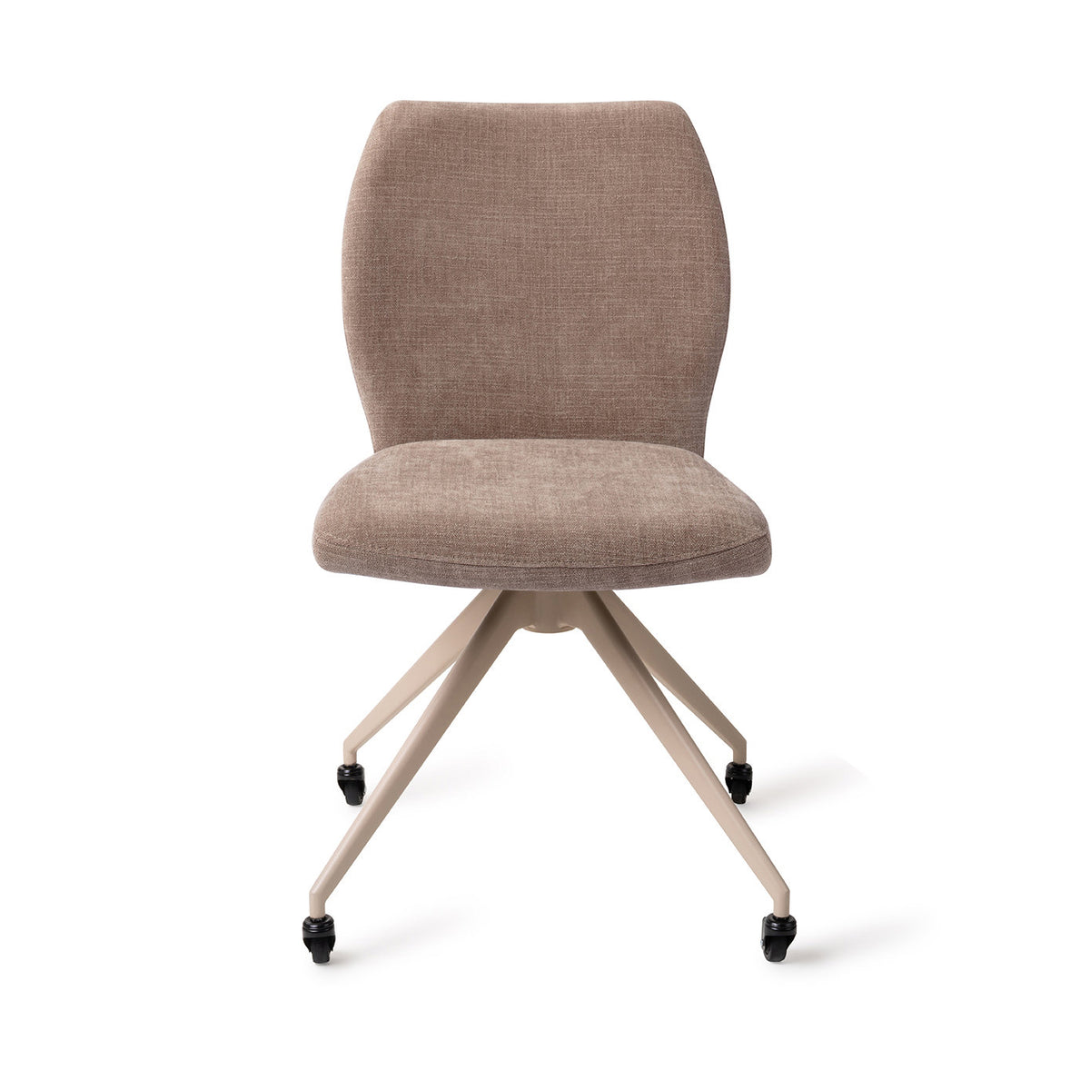 Chaise Ikata taupe sur piètement beige à quatre pieds et roulettes vue de face dossier galbé et assise rembourrée