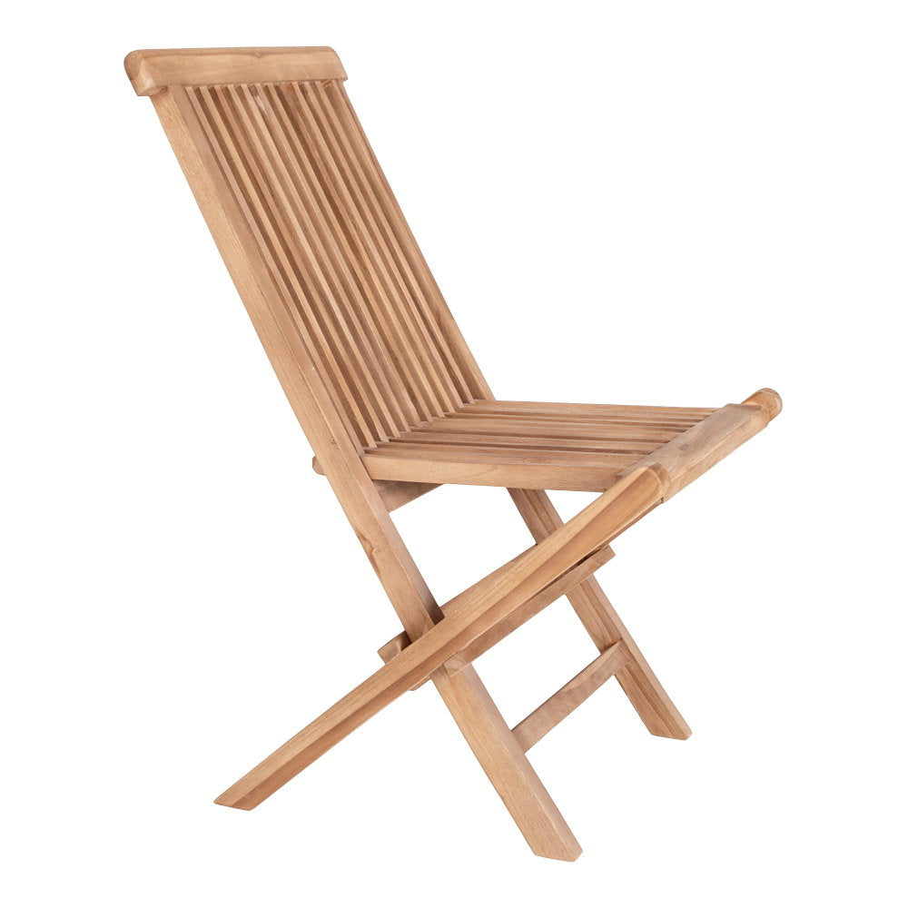 Chaise Toledo teck vue 3/4 dos, structure croisée et traverses inférieures