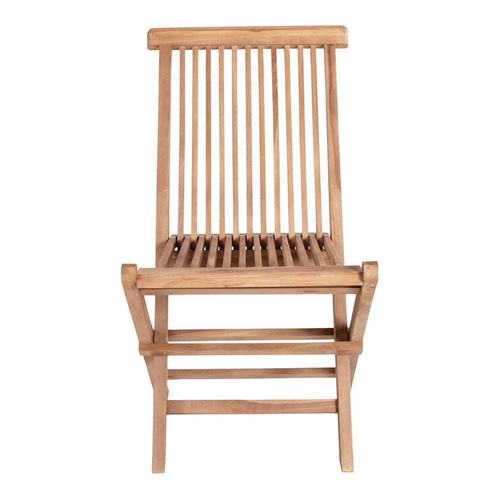 Chaise pliante Toledo teck naturel vue de face, barreaux dossier et pieds croisés