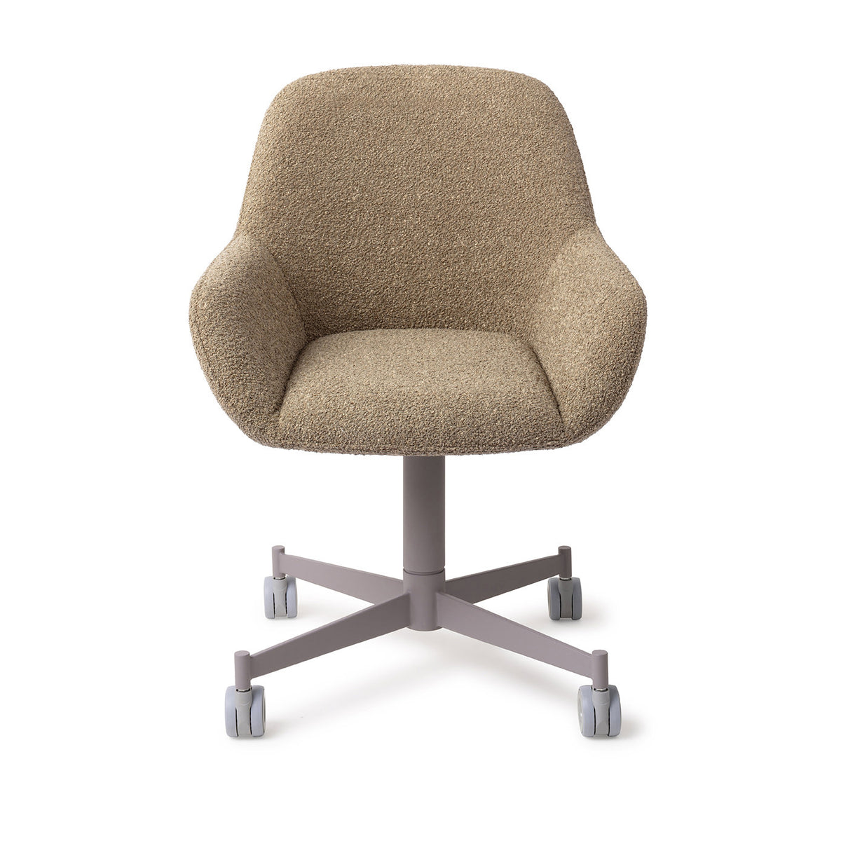 Chaise Kushi kaki sur piètement à roulettes gris vue de face coque enveloppante et accoudoirs arrondis