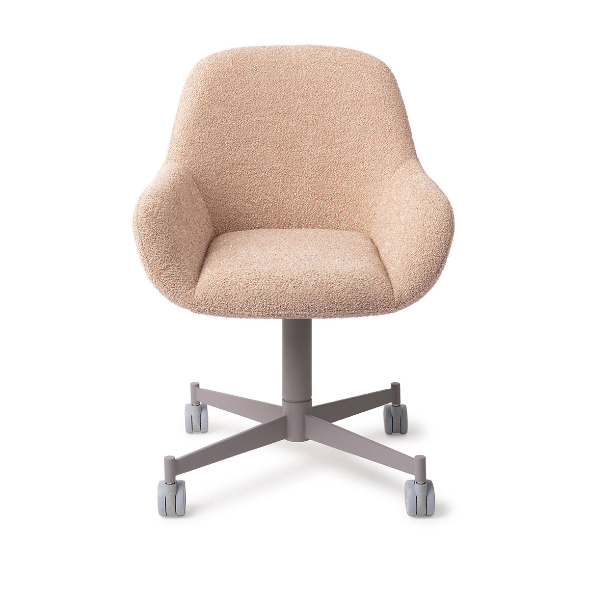 Chaise Kushi rose poudré sur piètement à roulettes gris vue de face coque enveloppante et accoudoirs arrondis