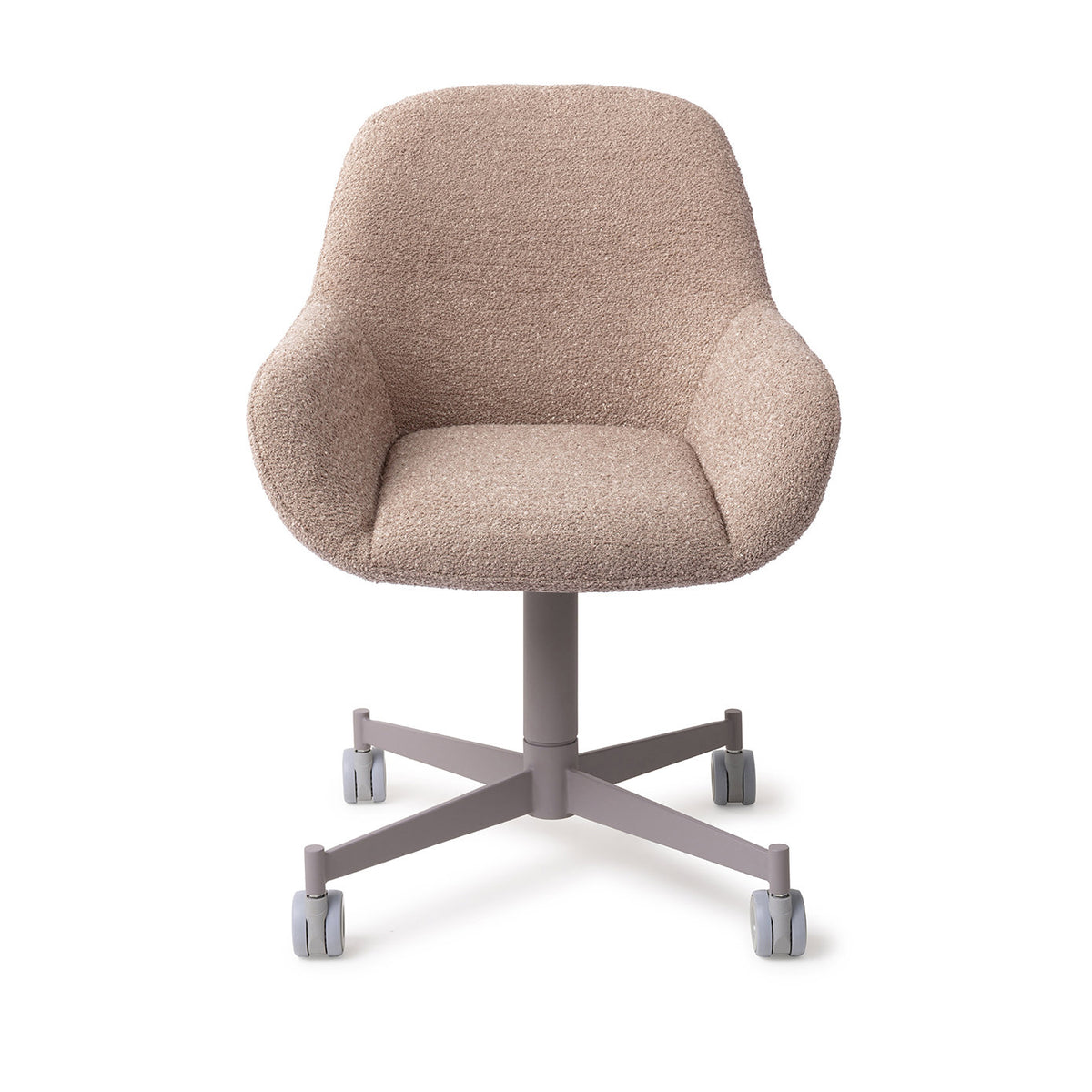 Chaise Kushi vieux rose sur piètement à roulettes gris vue de face coque enveloppante et accoudoirs arrondis