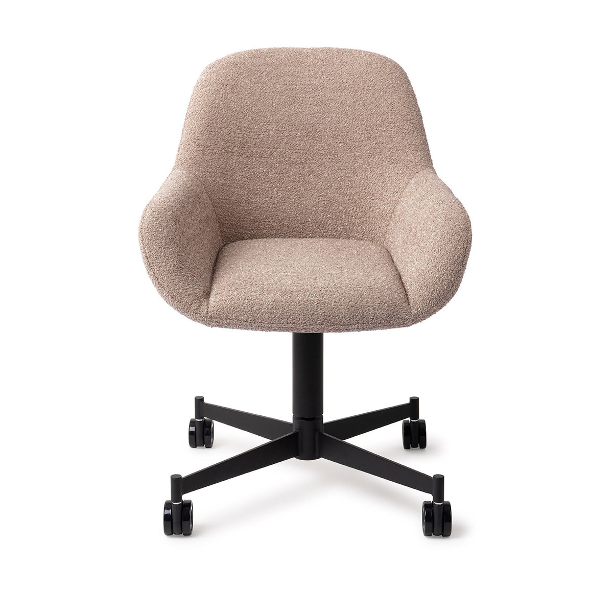 Chaise Kushi vieux rose sur piètement à roulettes noir vue de face coque enveloppante et accoudoirs arrondis