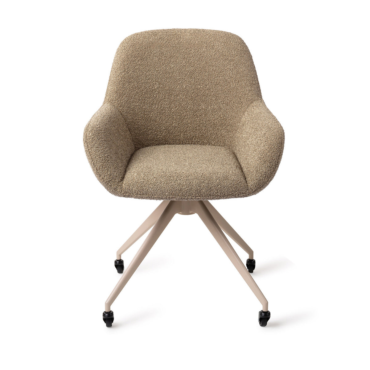 Chaise Kushi kaki sur piètement beige à quatre pieds et roulettes vue de face assise enveloppante et accoudoirs