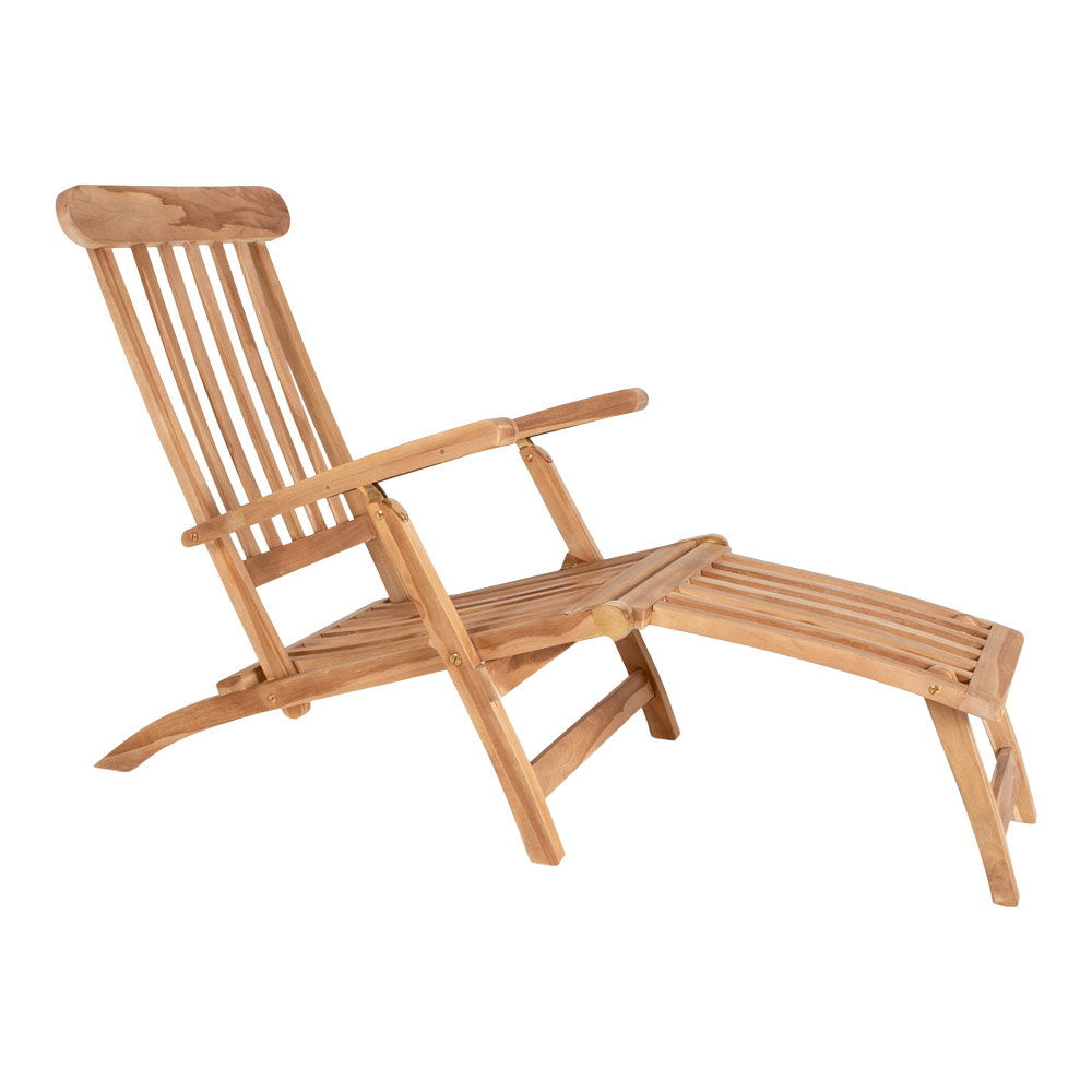 Chaise longue Arrecife teck naturel vue trois-quarts gauche ferrures laiton