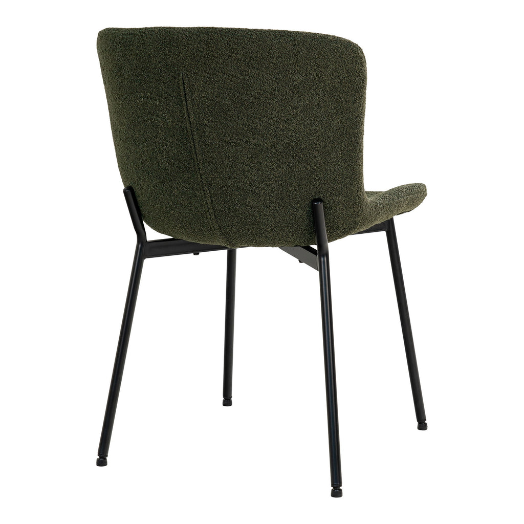 Vue arrière chaise Maceda vert forêt – flancs remontés bouclé dense et pieds noirs
