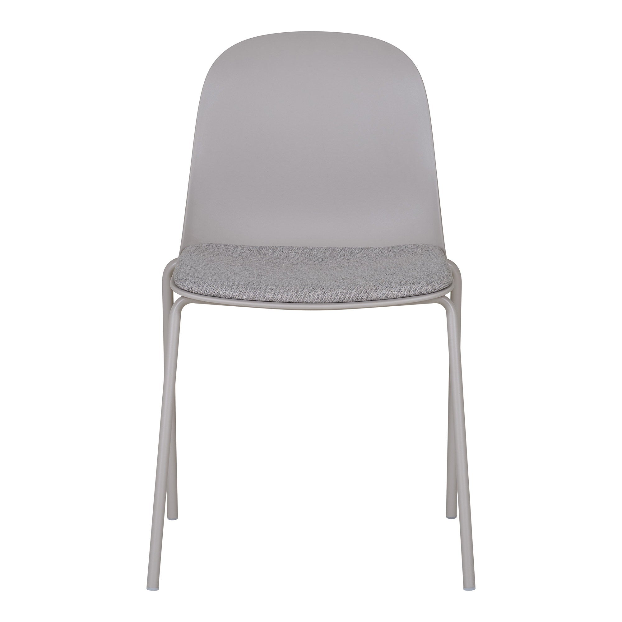 Chaise Madalena gris clair vue de face coque arrondie coussin tissu pieds tubulaires métal gris
