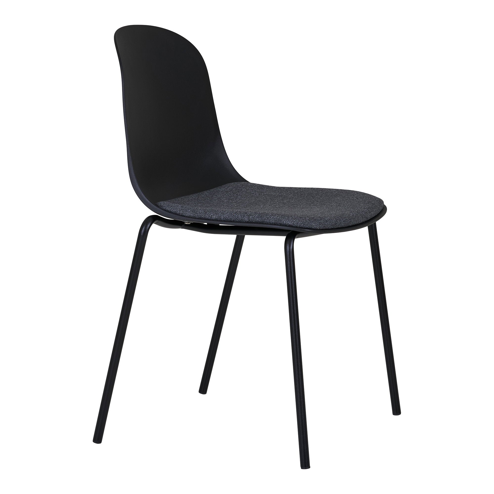 Chaise Madalena design noir coussin tissu anthracite vue avant trois quarts pieds métal