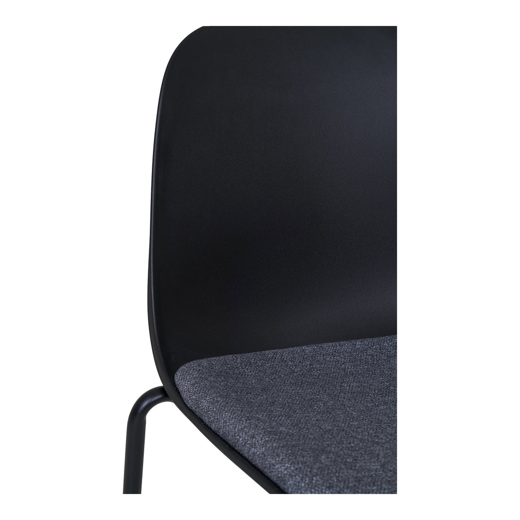 Détail dossier coque noire et coussin tissu polyester anthracite chiné chaise Madalena
