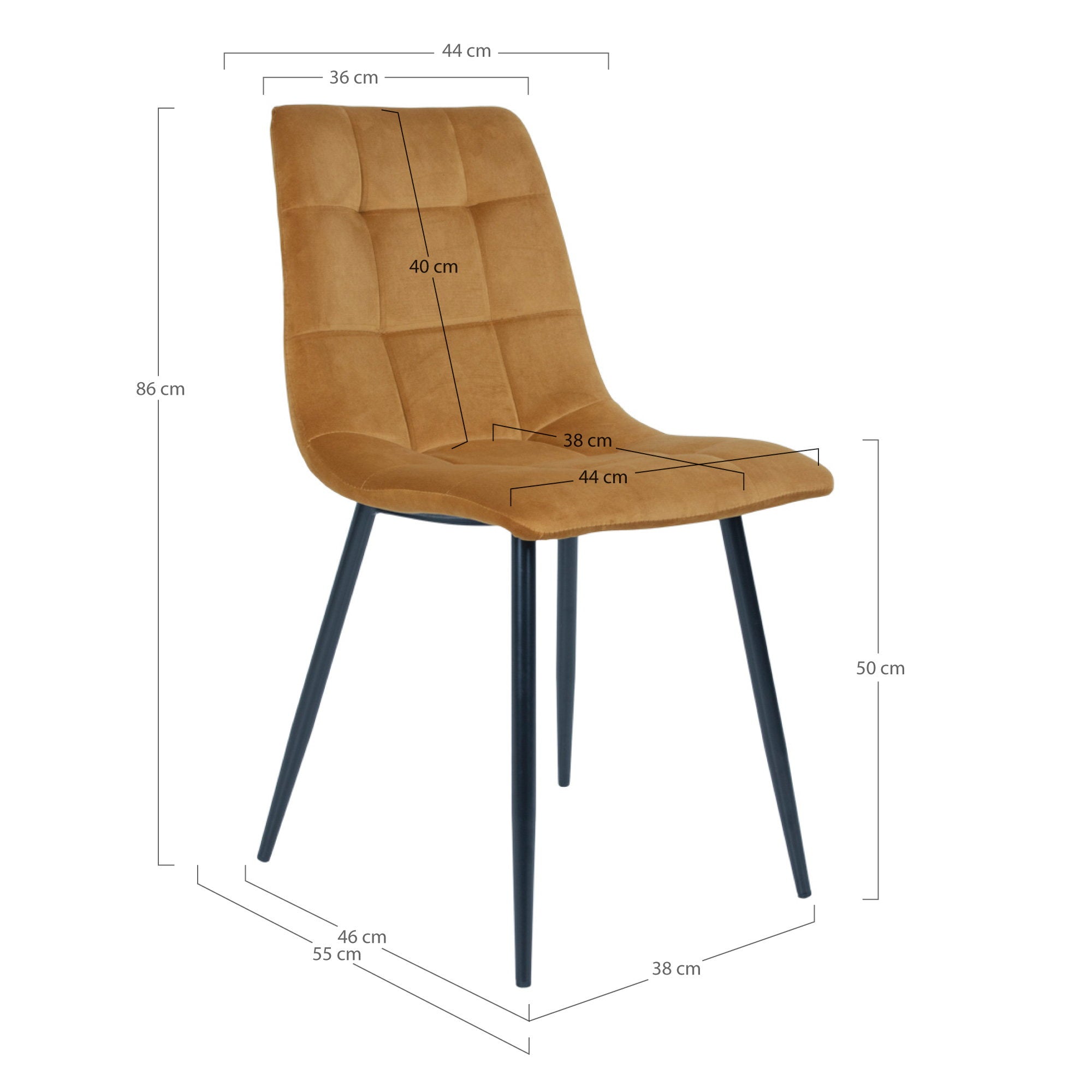 Schéma dimensions chaise Middelfart 86 cm hauteur 44 cm largeur 55 cm profondeur