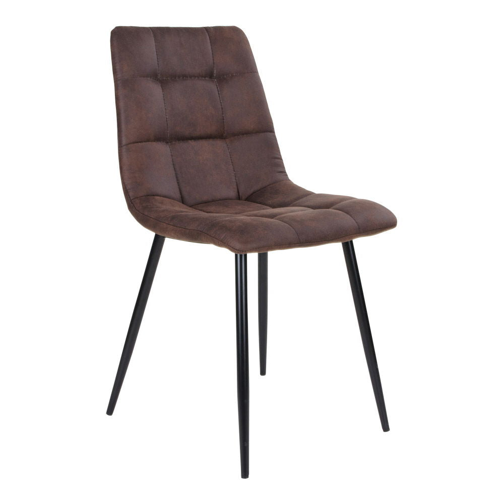 Chaise de salle à manger Middelfart en microfibre brun foncé matelassée carrés avec pieds acier noir vue trois quarts