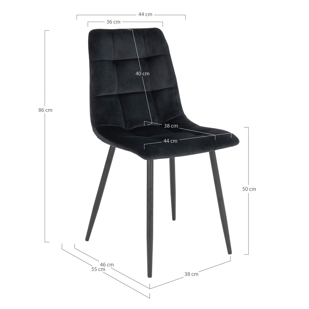 Schéma des dimensions de la chaise Middelfart velours noir 44x55x86 cm hauteur assise 50 cm