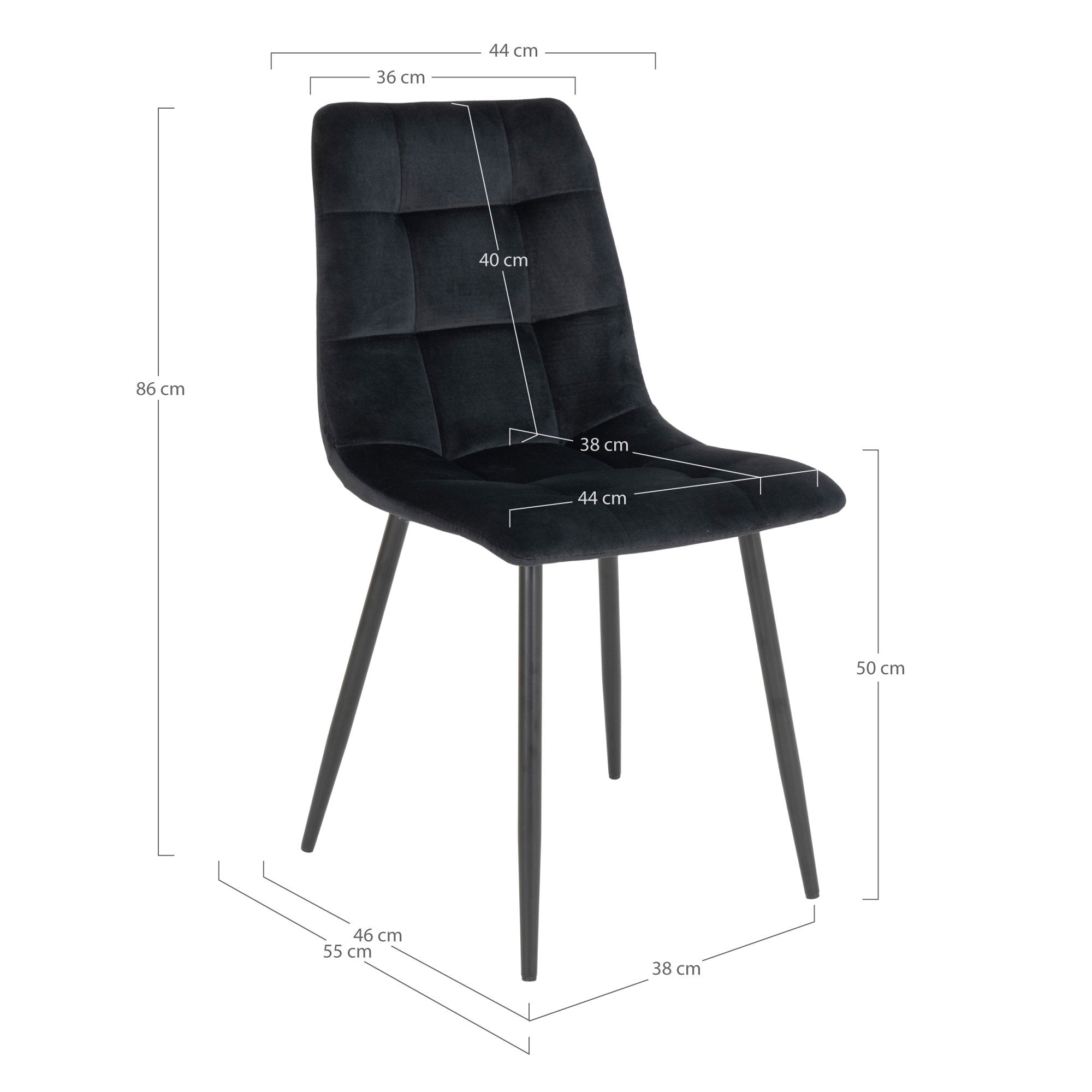 Schéma des dimensions de la chaise Middelfart velours noir 44x55x86 cm hauteur assise 50 cm