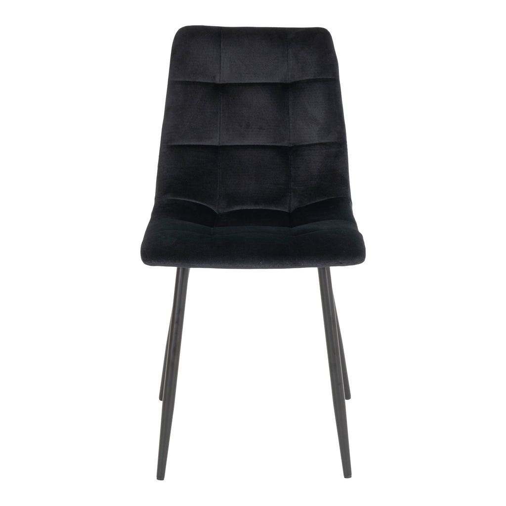 Chaise Middelfart velours noir vue de face dossier matelassé damier pieds noirs