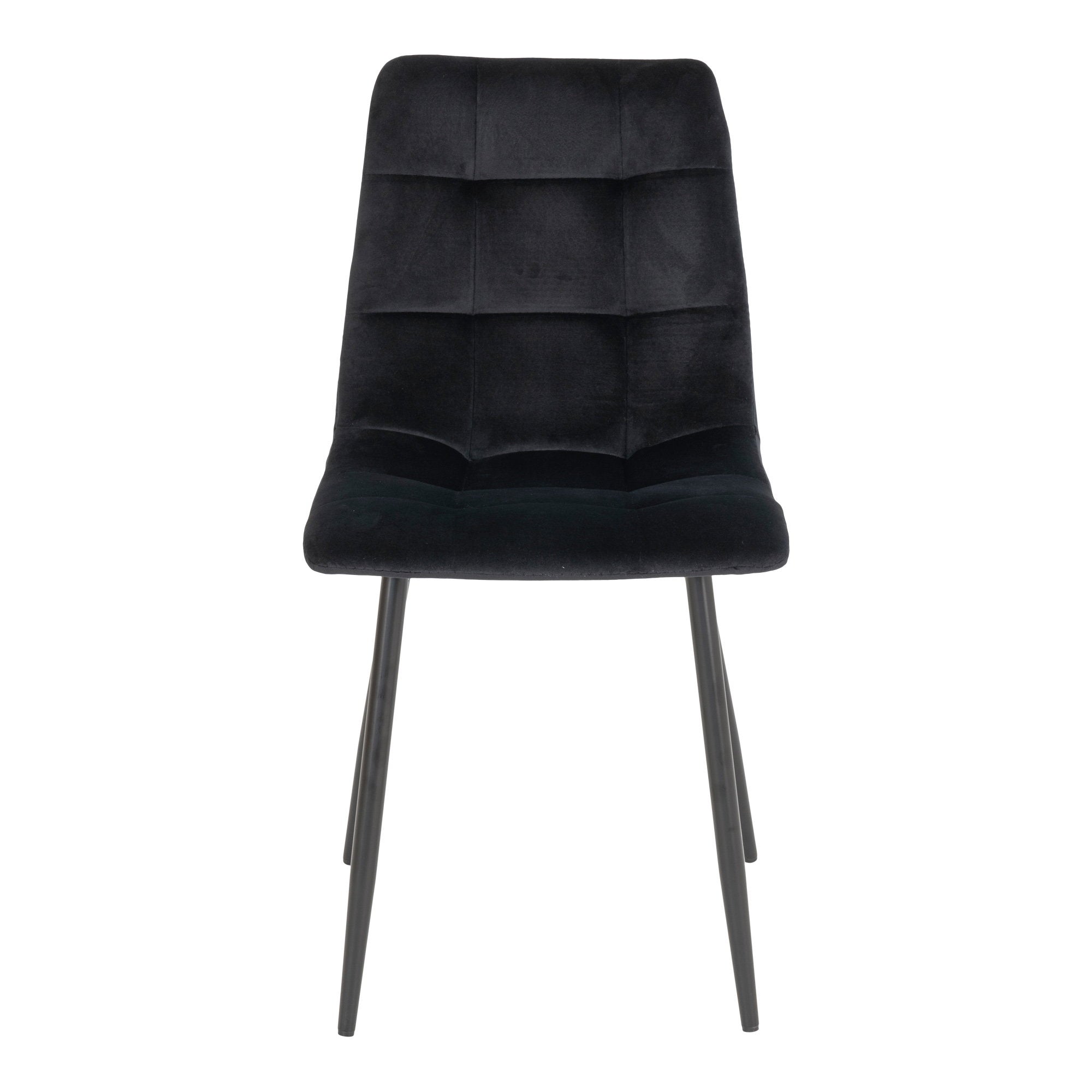 Chaise Middelfart velours noir vue de face dossier matelassé damier pieds noirs