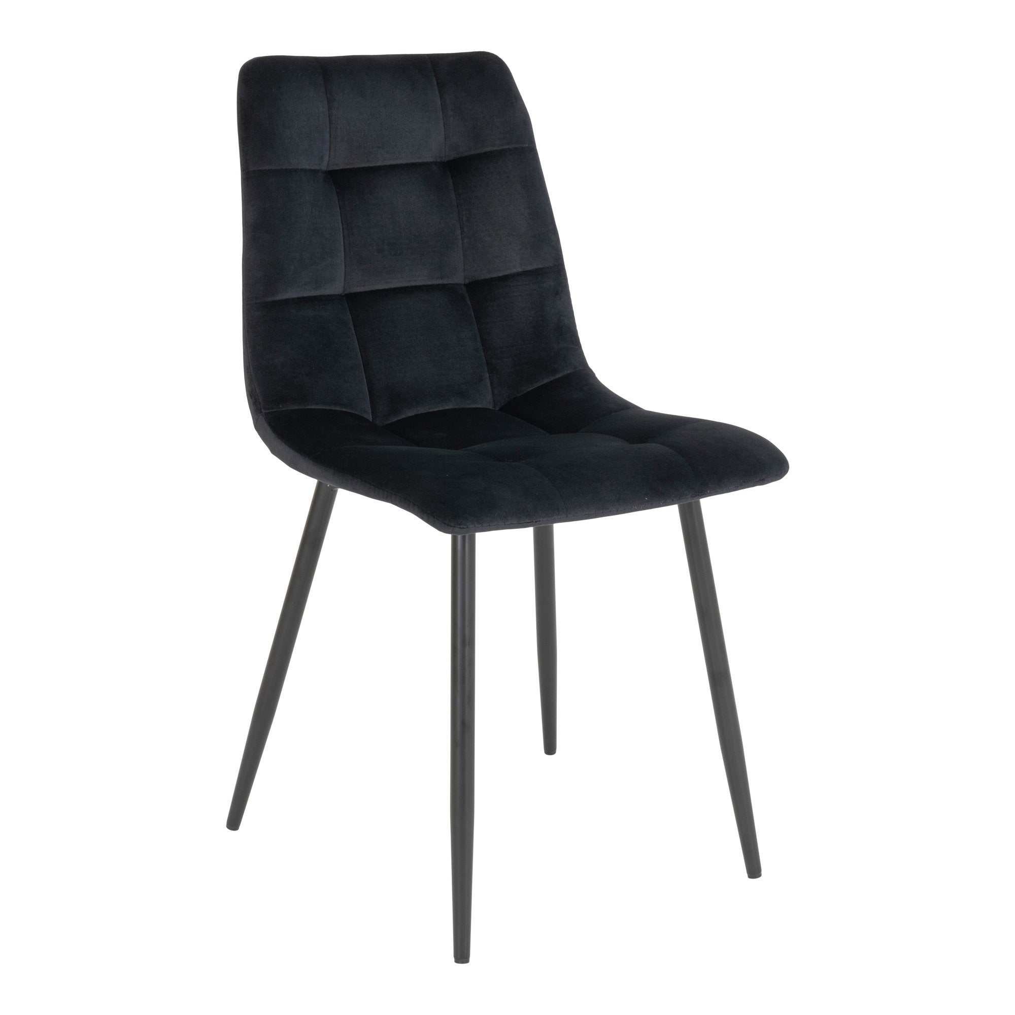 Chaise de salle à manger Middelfart en velours noir matelassé avec pieds acier noir vue trois quarts