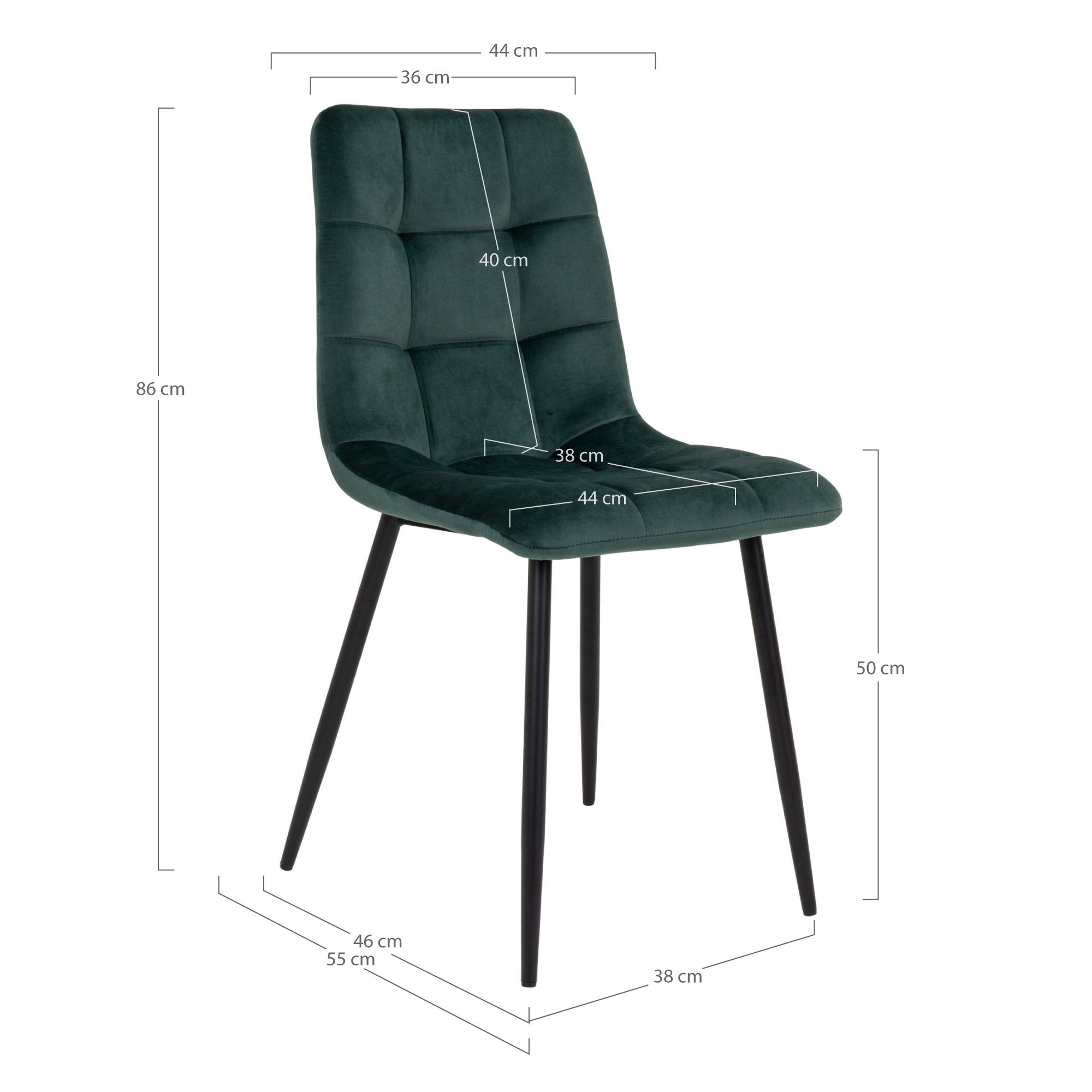 Schéma des dimensions de la chaise Middelfart velours vert foncé 44x55x86 cm