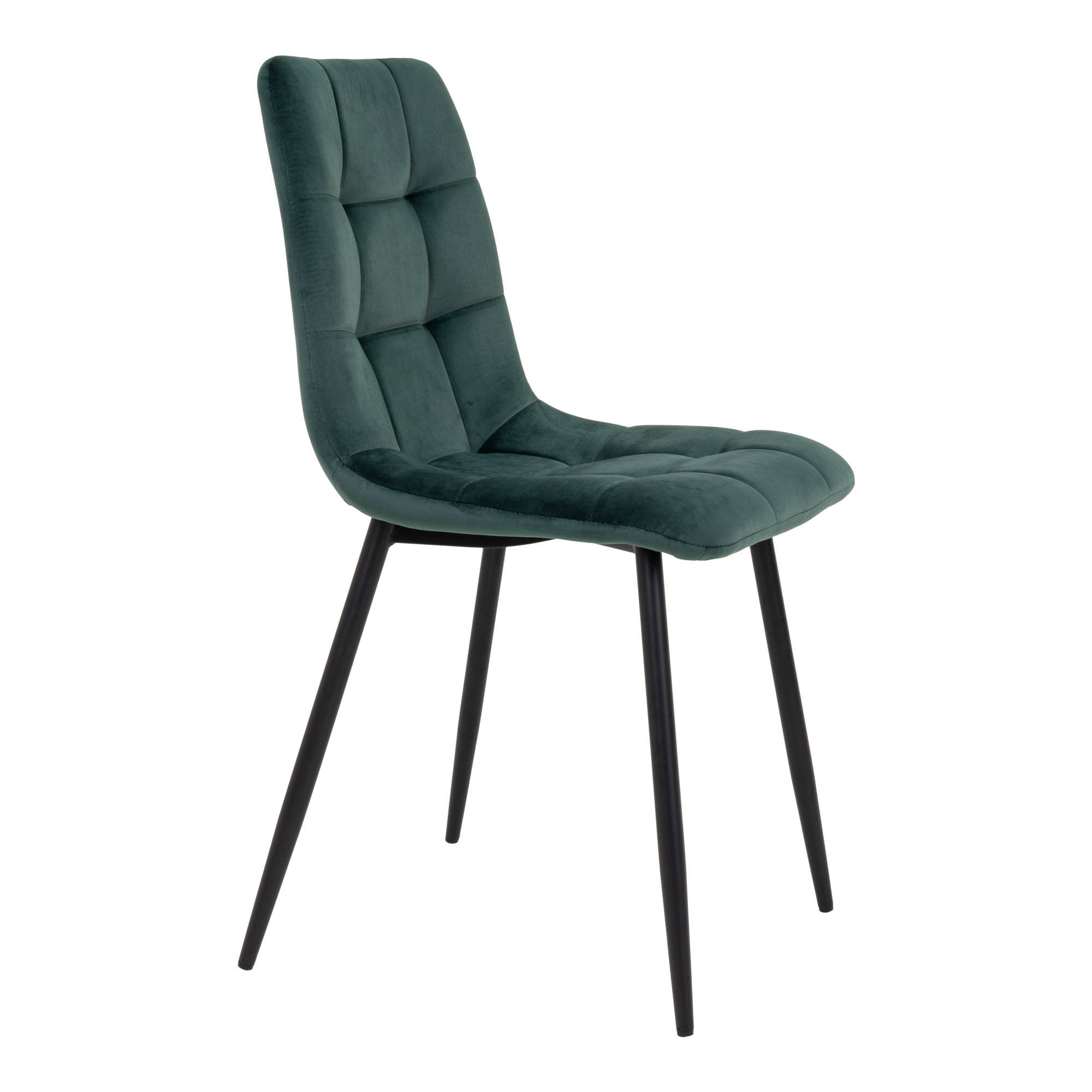 Chaise Middelfart velours vert foncé vue de profil pieds métal noir fuselés
