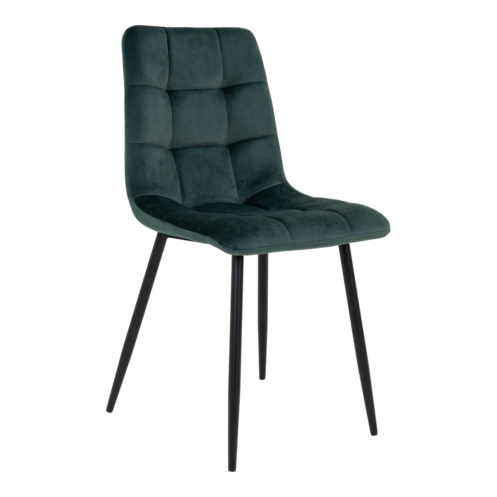 Chaise de salle à manger Middelfart en velours vert foncé matelassé avec pieds acier noir vue trois quarts