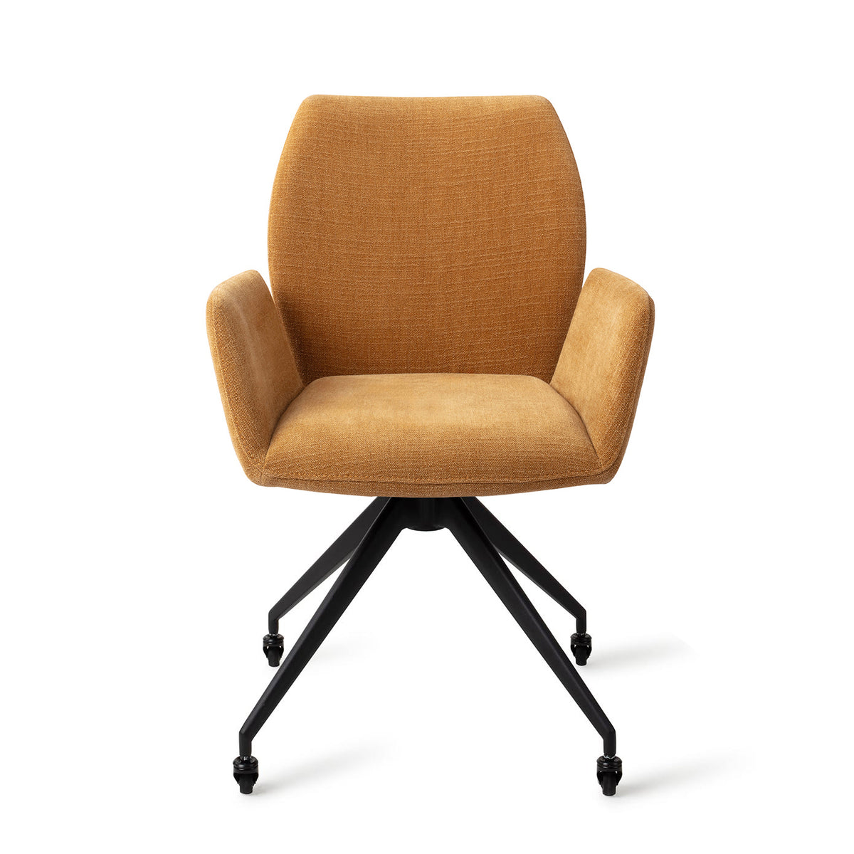 Chaise Misaki ocre sur piètement noir à quatre pieds et roulettes vue de face avec ses accoudoirs détachés du dossier