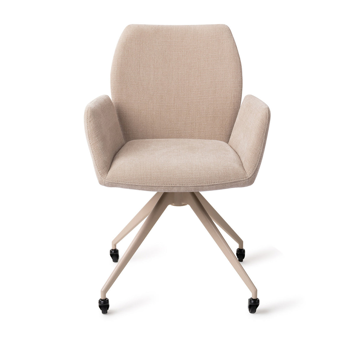 Chaise Misaki sable sur piètement beige à quatre pieds et roulettes vue de face avec ses accoudoirs détachés du dossier