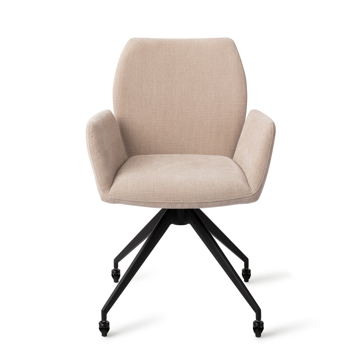 Chaise Misaki sable sur piètement noir à quatre pieds et roulettes vue de face avec ses accoudoirs détachés du dossier