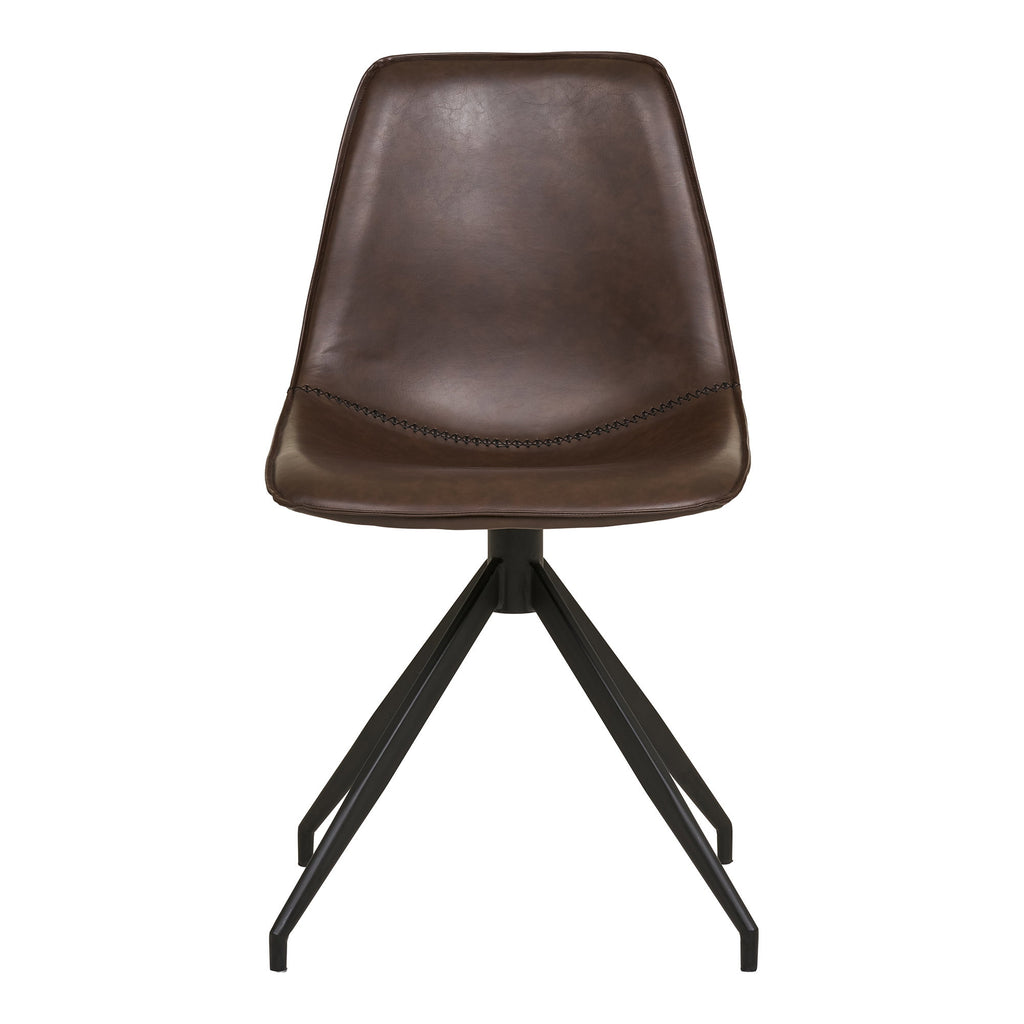 Chaise Monaco cuir PU marron foncé vue de face piqûre décorative assise et pieds étoile noirs
