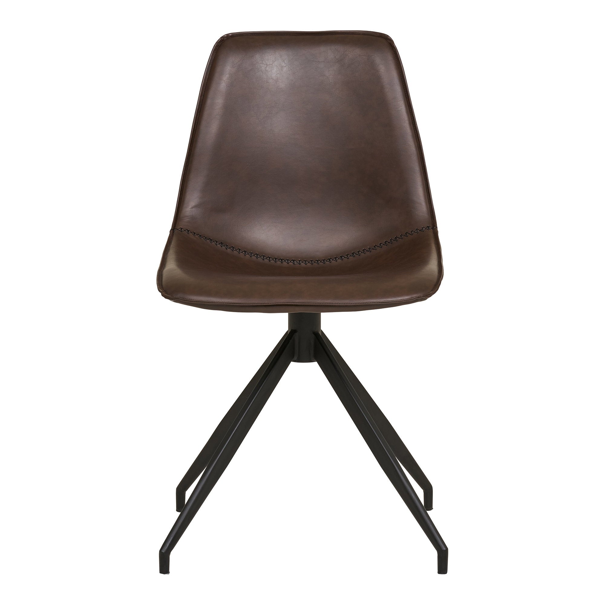 Chaise Monaco cuir PU marron foncé vue de face piqûre décorative assise et pieds étoile noirs