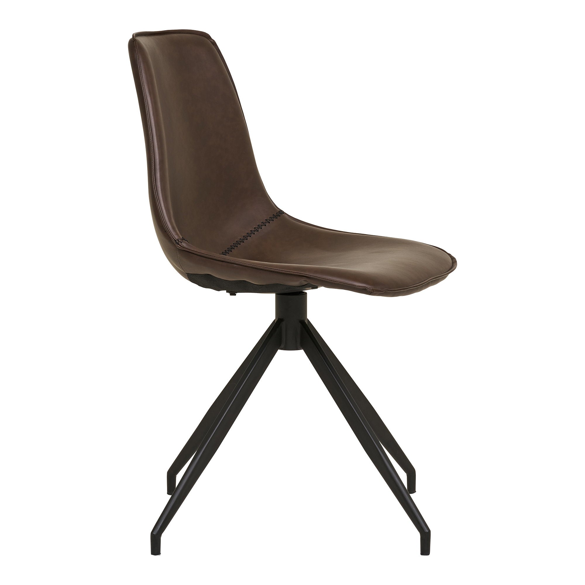 Chaise Monaco cuir PU marron foncé vue de profil coque enveloppante et piètement étoile noir