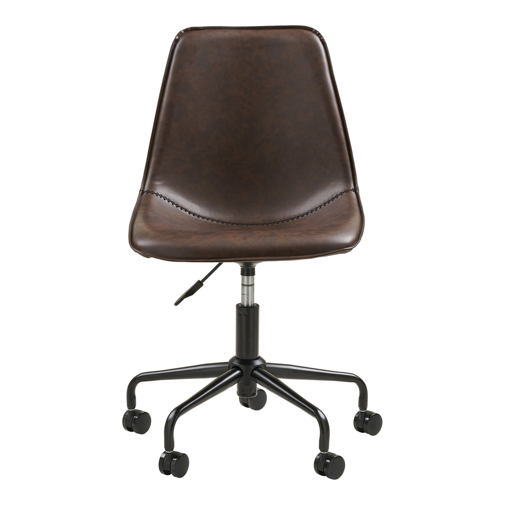 Chaise bureau Monaco PU cuir brun foncé vue de face coque sculptée couture noire base étoile 5 roulettes