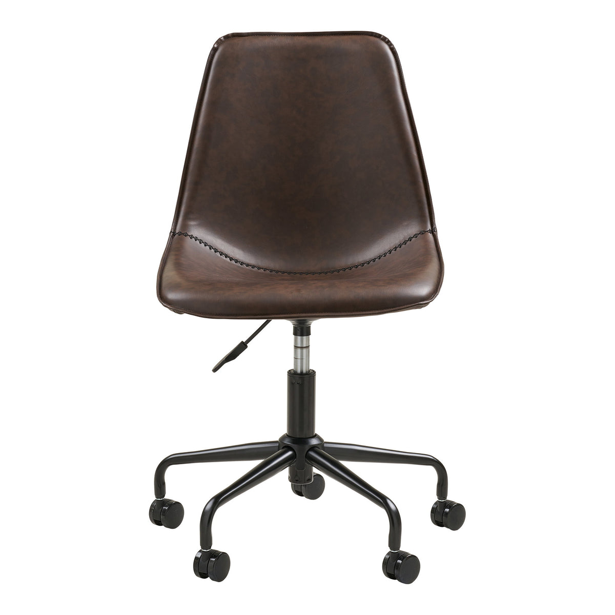Chaise bureau Monaco simili cuir brun foncé vue de face coque sculptée couture noire base étoile 5 roulettes
