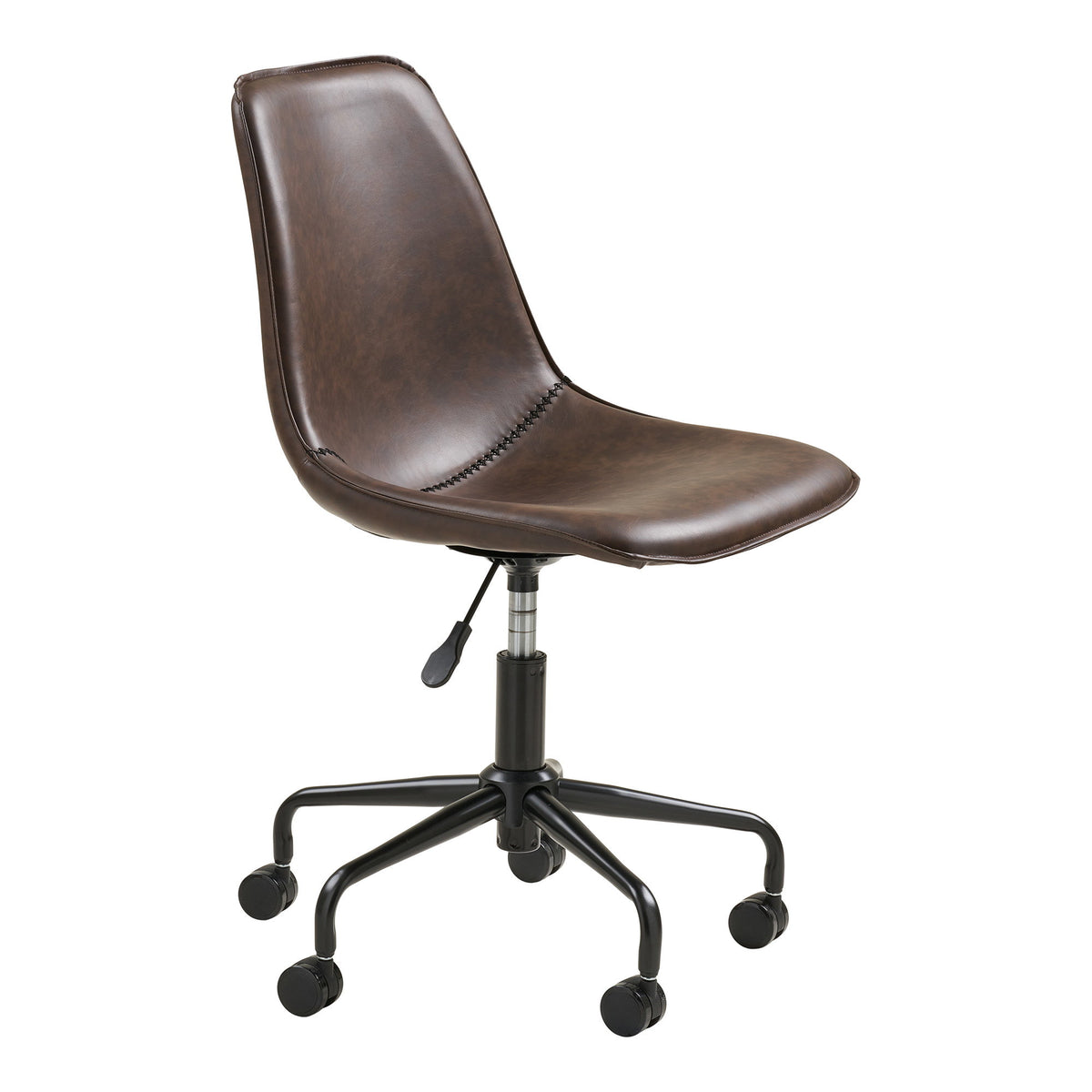 Chaise bureau Monaco simili cuir brun vintage vue trois quarts avant hauteur réglable roulettes noires
