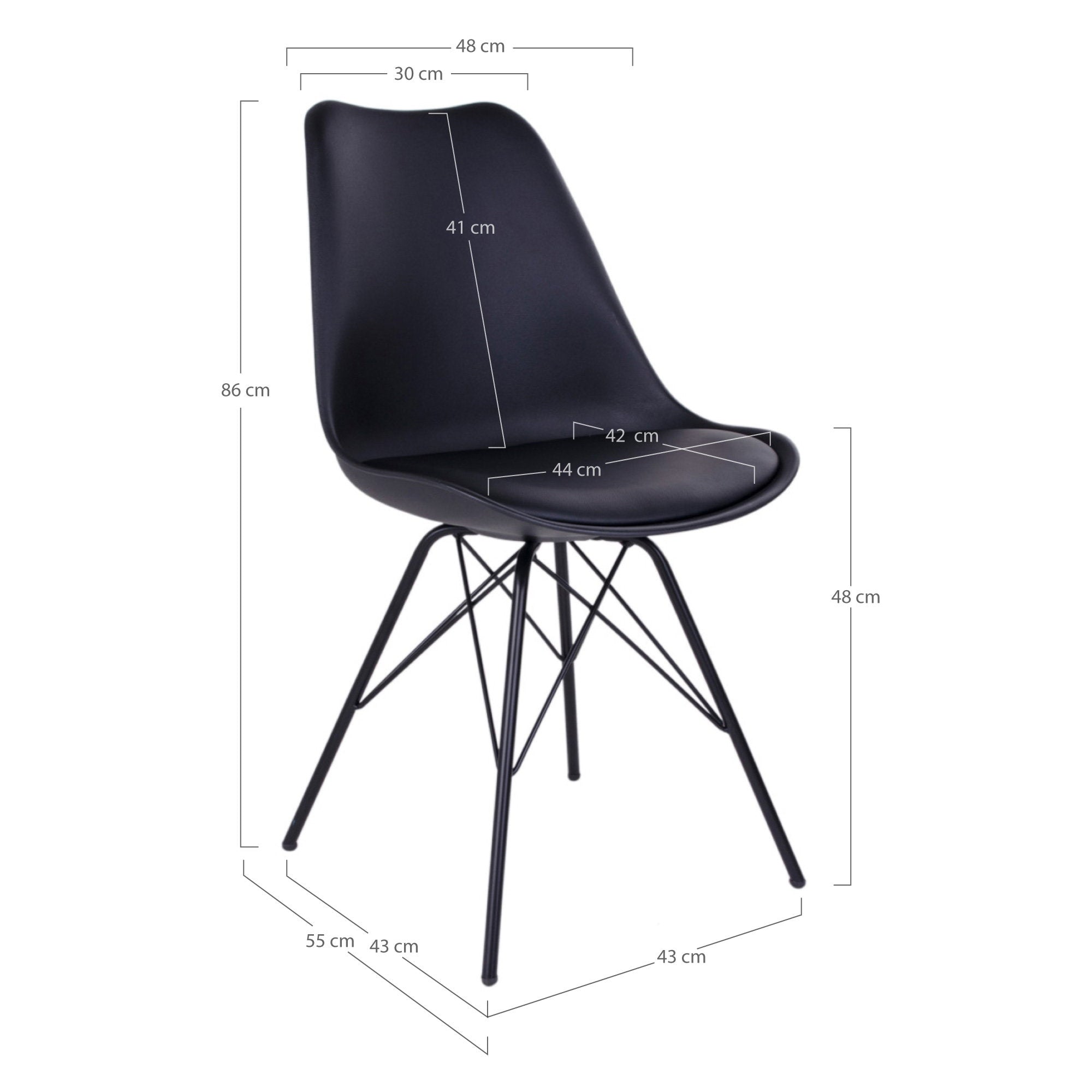 Dimensions chaise Oslo : hauteur 86 cm, largeur 48 cm, hauteur assise 48 cm