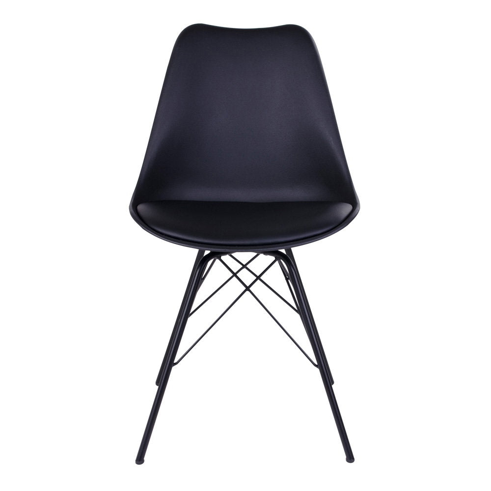 Chaise Oslo noire vue de face – coque plastique et coussin PU cuir noir