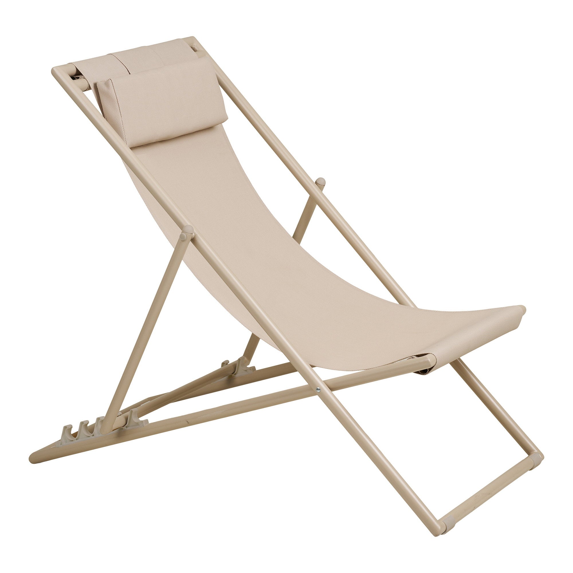 Chaise plage Curtis taupe vue 3/4 gauche, accoudoir intégré et appui-tête visible