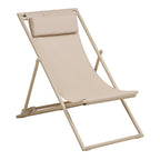 Chaise de plage Curtis taupe textilène vue 3/4, dossier incliné avec appui-tête rembourré