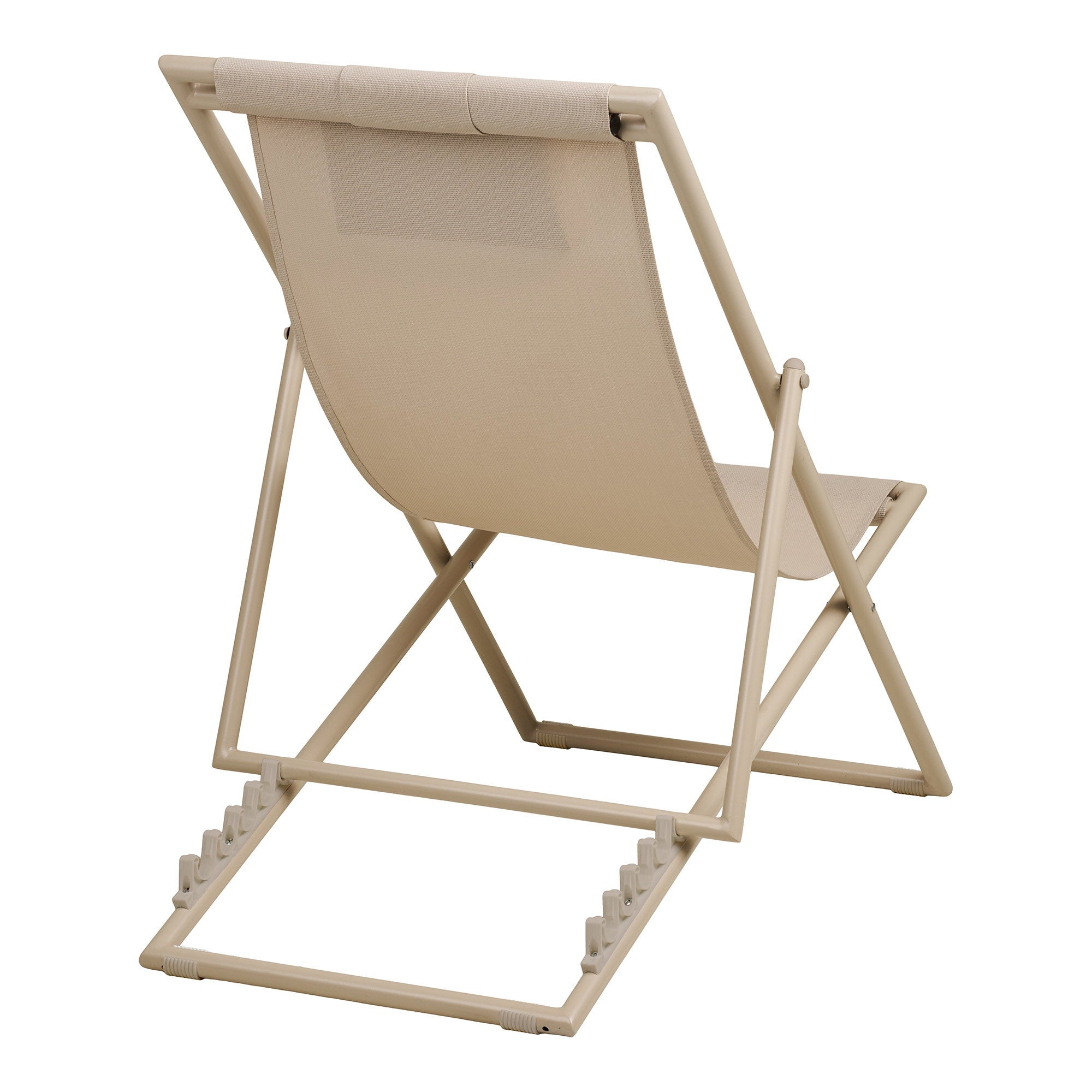 Vue dos chaise Curtis taupe, mécanisme crantage 4 positions dossier et patins antidérapants