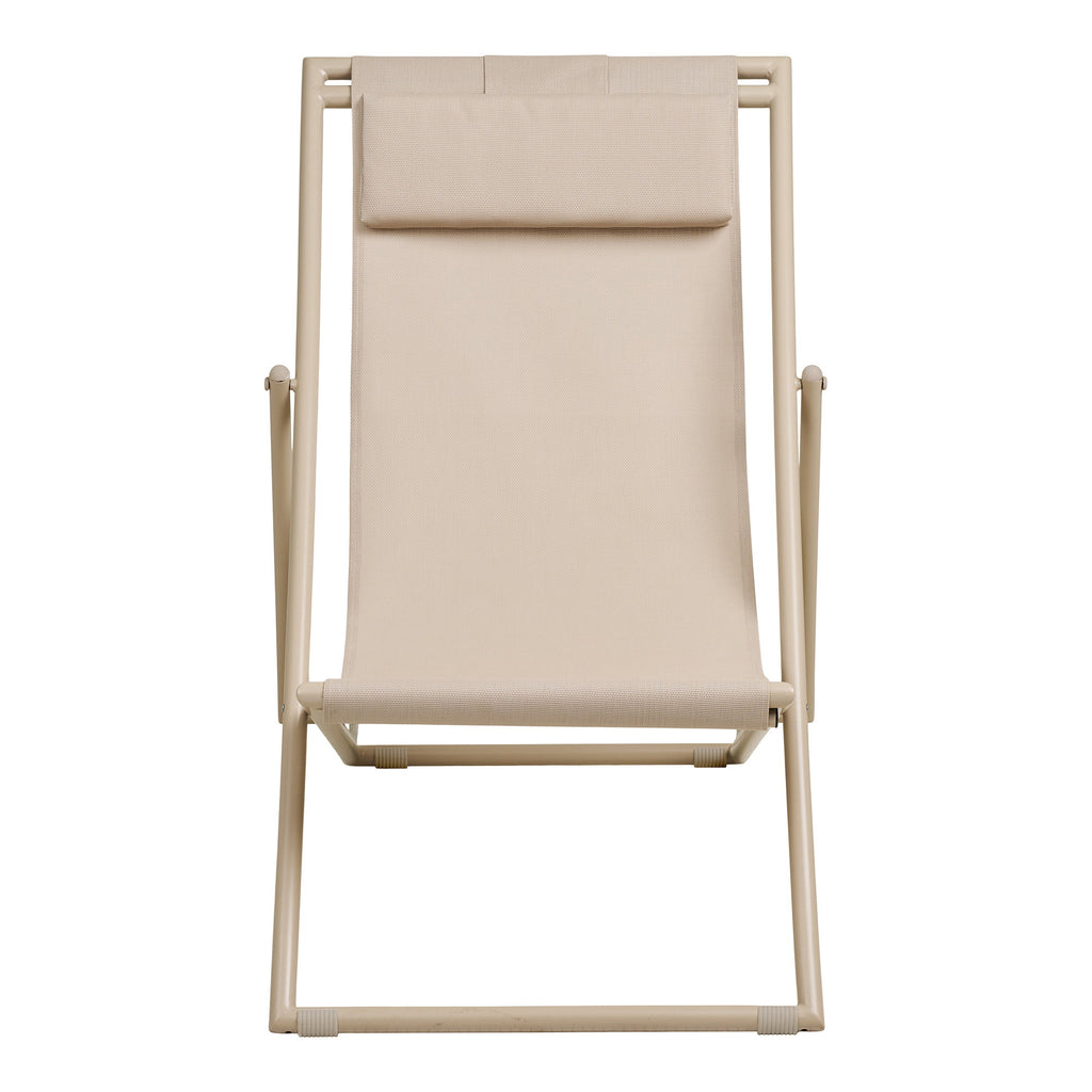 Chaise de plage Curtis taupe vue de face, toile textilène et cadre acier laqué taupe