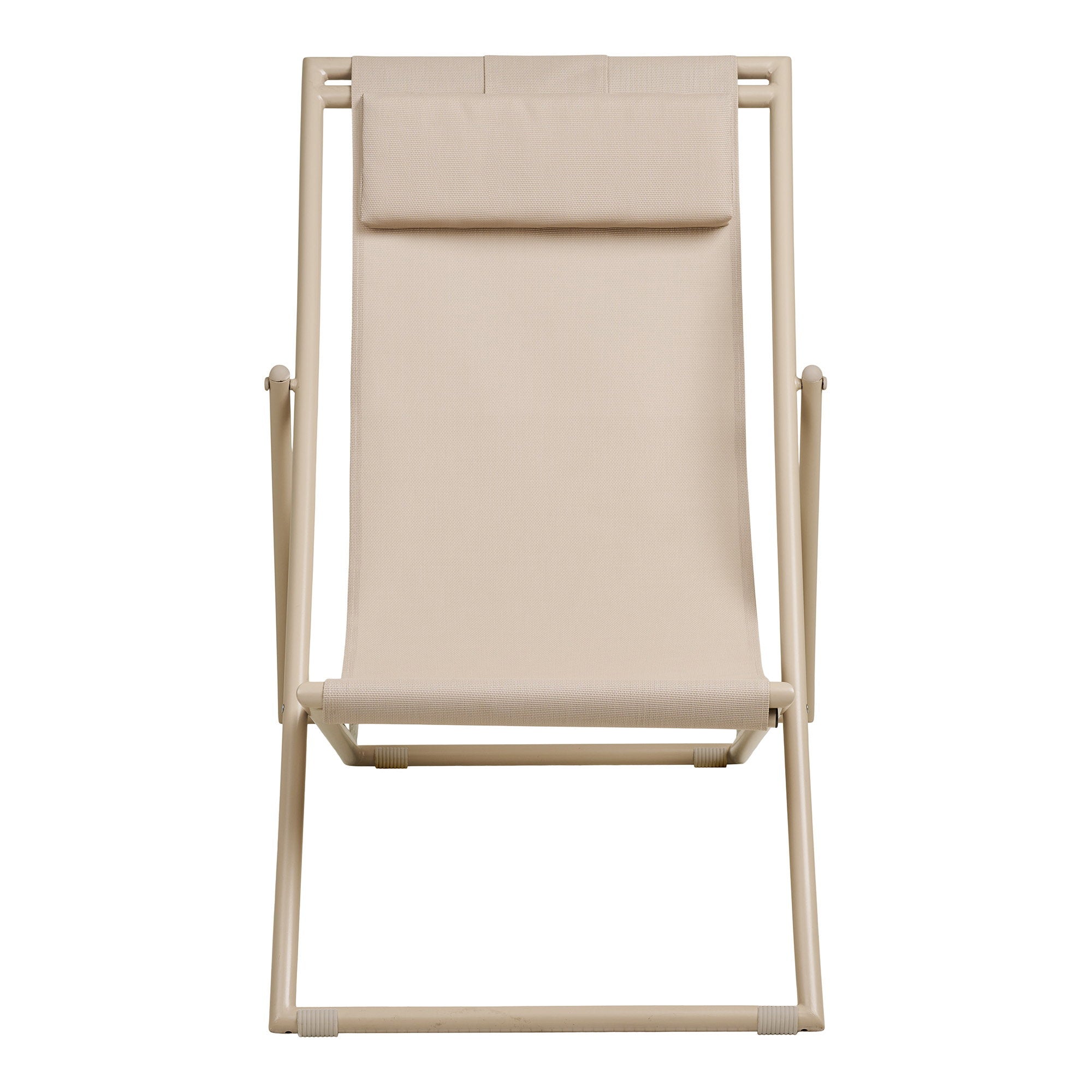 Chaise de plage Curtis taupe vue de face, toile textilène et cadre acier laqué taupe